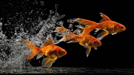 directional. A vibrant goldfish mid-leap, frozen in time against a dark aquatic backdrop with sparkling droplets. wildlife magazines.