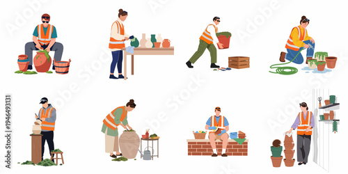 Set of workers in safety vests cleaning, painting, and maintaining pottery and garden plants in a professional workshop environment.