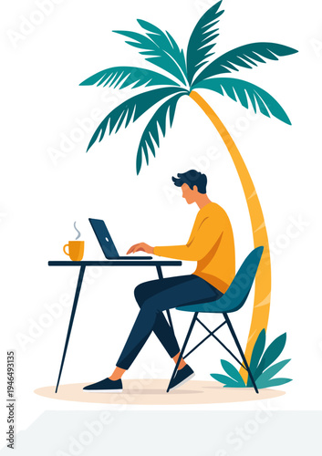 Digital nomad working remotely under palm tree
