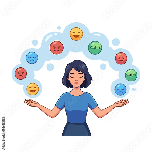 Woman experiences various emotions with colorful faces floating around her head.