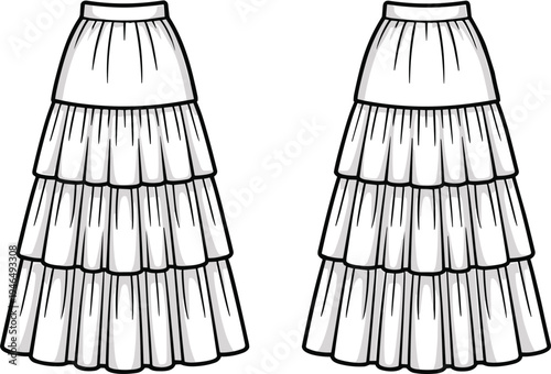Women tiered ruffle maxi skirt fashion technical drawing vector, front view garment template with layered boho long skirt outline for apparel design and pattern making