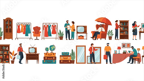 Bustling Vintage Market & Thrift Store Illustration.