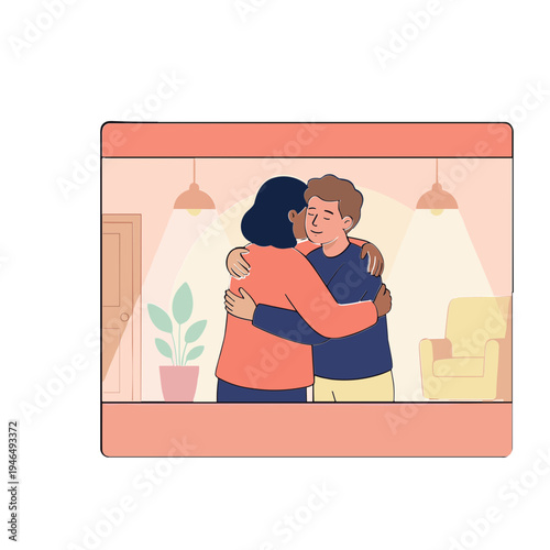 Two people are hugging each other warmly in a cozy living room with plants.