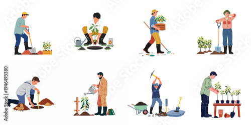 Set of flat vector illustrations depicting male farmers and gardeners planting, watering, and caring for avocado trees using various agricultural tools.