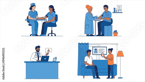 Comprehensive Patient Care Journey Illustration Set From In-Person Consultation and Lab Tests to Telemedicine and Remote Health.
