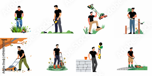 Set of illustrations featuring a man performing various lawn care and gardening tasks using equipment like lawn mowers, trimmers, and leaf blowers.