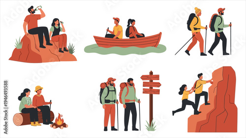 Couples Trekking, Climbing, and Camping in Flat Vector Style.