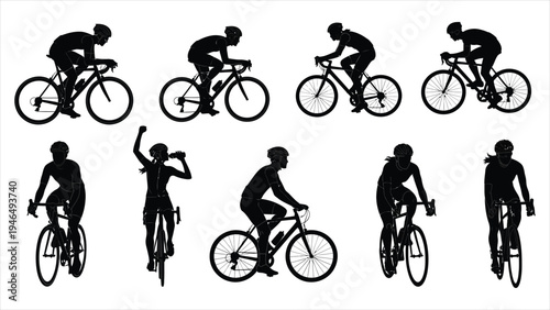 Cycling and Mountain Biking Silhouette Set Diverse Athletes in Action, Celebrating Victory, and Road Racing for Fitness Branding