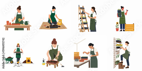 Collection of flat vector illustrations depicting a female gardener planting seeds, tending to seedlings, and working in a garden or greenhouse environment.