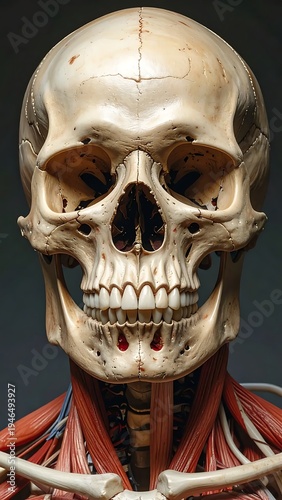 A human skull with exposed muscles and bones