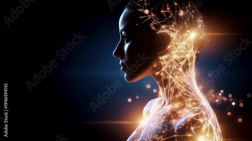 Human Silhouette with Glowing Neural Network Overlay on Dark Background Highlighting Cybernetic Enhancements and AI Integration