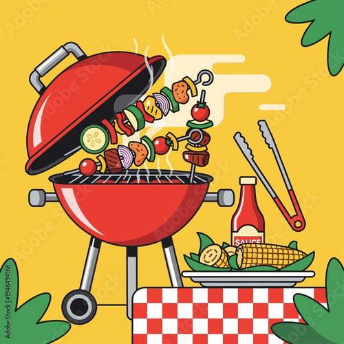 Red BBQ Grill with Shish Kebab Skewers and Corn on Picnic Table Vector Illustration