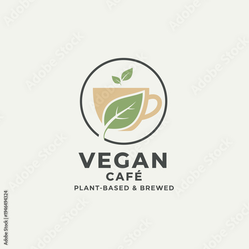 Vegan Cafe Logo Design with Plant-Based and Brewed Text and Leaf Coffee Cup Icon
