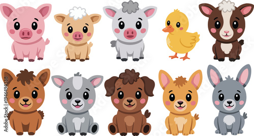 Cute farm animals cartoon colorful illustration for kids education