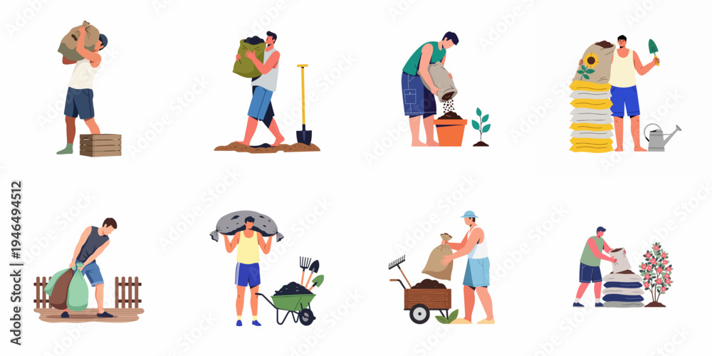 Fototapeta premium Flat illustration set of men gardening, carrying heavy bags of soil, planting, and using garden tools like wheelbarrows and shovels on white background.