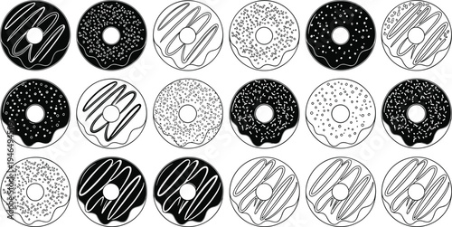 Sweet donut dessert collection set with various frosting and sprinkles isolated on white background, bakery food silhouette vector illustration for cafe.