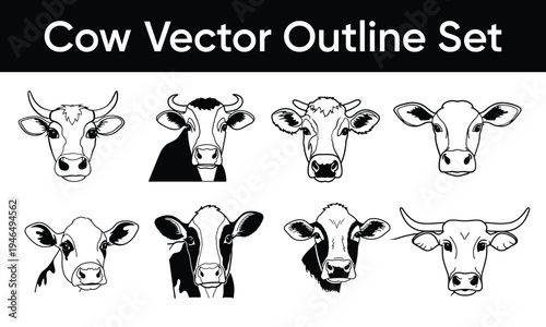 A set of outline cartoon animals cow