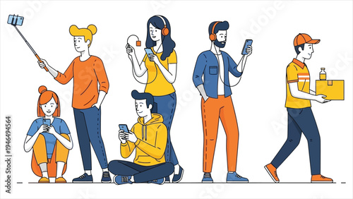 Gen z and Millennial Lifestyle Illustration Young People Taking Selfies, Using Gadgets, and Mobile Delivery Service.