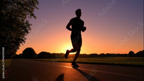 Silhouette of a male runner jogging on a track during a beautiful sunset or sunrise, showcasing a dynamic action shot with vibrant colors of orange and purple in the sky, evoking health and 