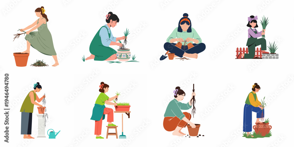 Fototapeta premium Flat vector illustration set featuring diverse women and girls gardening, planting seedlings, and repotting plants in various pots.