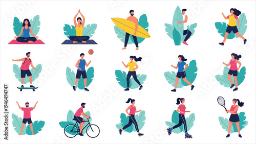 Healthy Lifestyle and Fitness Illustration Set Yoga, Surfing, Cycling, and Team Sports Flat Vector Collection for Wellness Branding