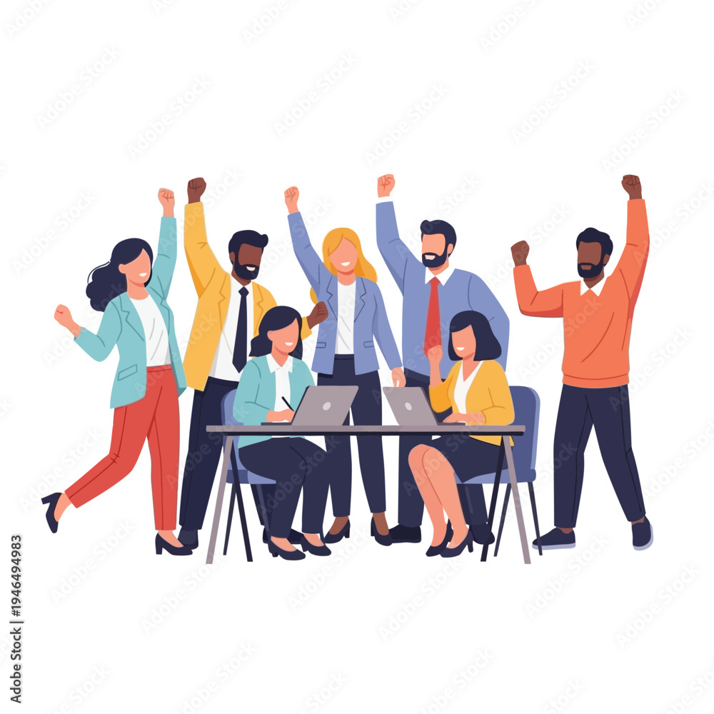 Obraz premium Diverse team celebrating success with raised hands and laptops