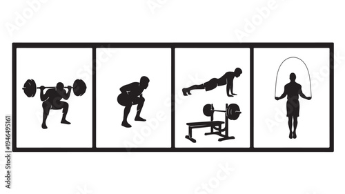 Collage of silhouettes of people doing various exercises with weights and jump rope on white background for fitness and workout concepts