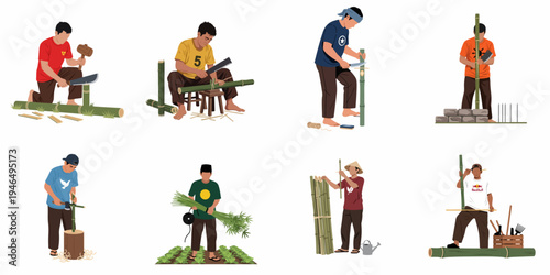 Set of illustrations showing men working with bamboo, processing stalks using traditional hand tools for construction and gardening.