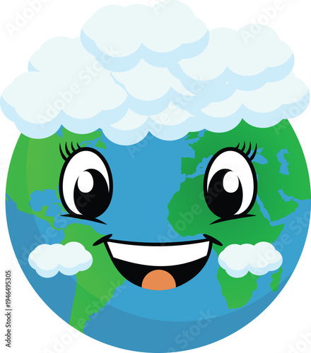 Cartoon Earth with a happy face, surrounded by clouds, symbolizing a cheerful and environmentally friendly message