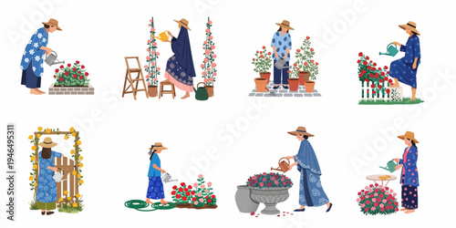 Set of flat illustrations showing women in traditional patterned clothing and sun hats watering various rose gardens and potted plants with watering cans.
