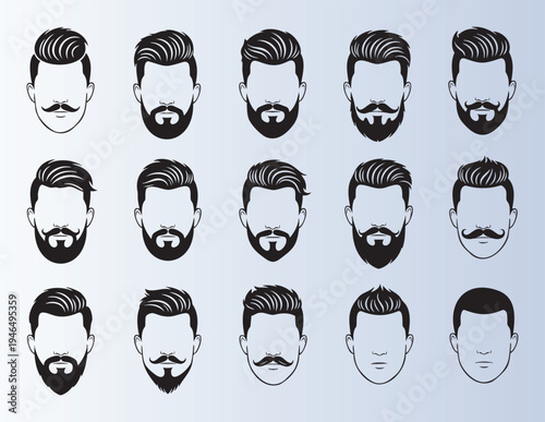 Collection of stylish mens hairstyles and beards illustration set