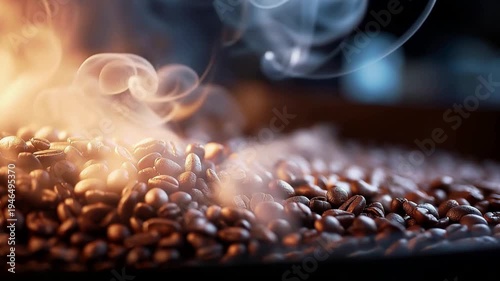 Steam rises from freshly roasted coffee beans in a cozy setting highlighting the cooling process and rich aromas that create an inviting atmosphere for coffee lovers.
