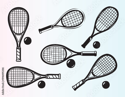 Collection of tennis and squash rackets with balls isolated illustration