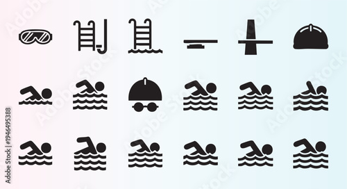 Collection of swimming and pool activity icons isolated on transparent background