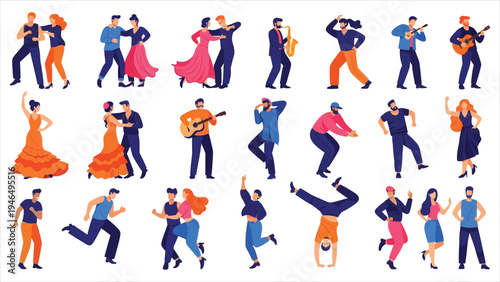 Salsa, Flamenco, Breakdance, and Party People Flat Vector Characters