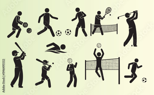 Collection of various sports and activities silhouette icons in action