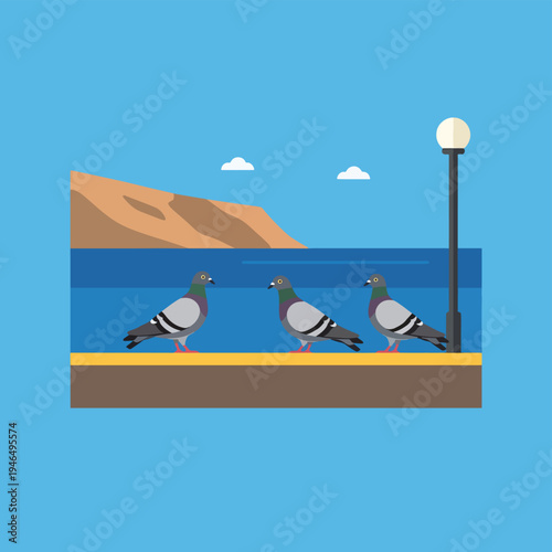 Pigeons on Waterfront Flat Design