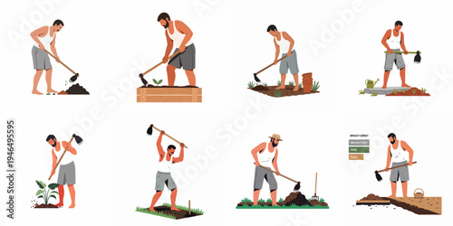 Set of flat vector illustrations featuring a male farmer working in a garden, digging soil with a hoe and preparing the land for planting.