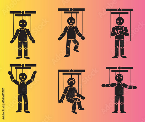 Colorful set of marionette puppets showing different emotions and poses