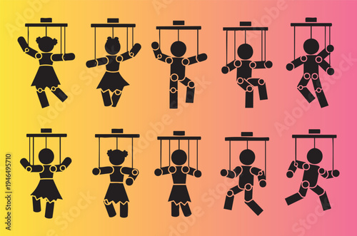Colorful wooden marionette puppets in various poses and styles