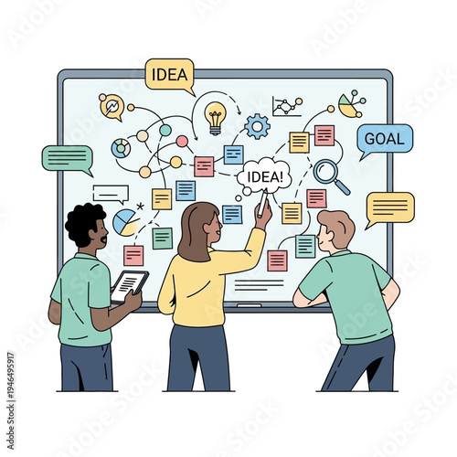 Teamwork brainstorming on whiteboard, planning strategy, developing ideas, achieving goals