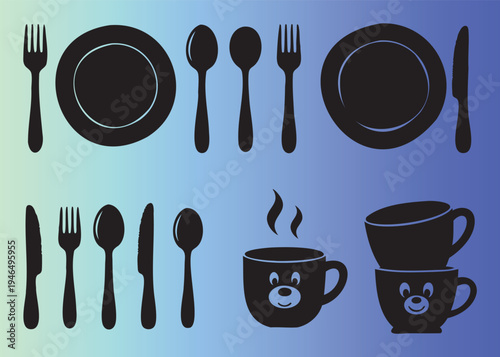 Cute flatware and tableware set with bear mugs illustration