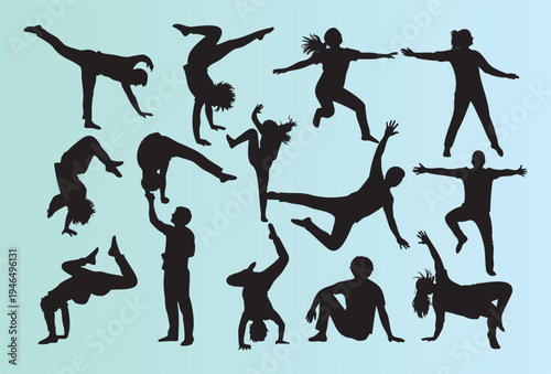 Dynamic collection of acrobatic and dance silhouettes in various poses