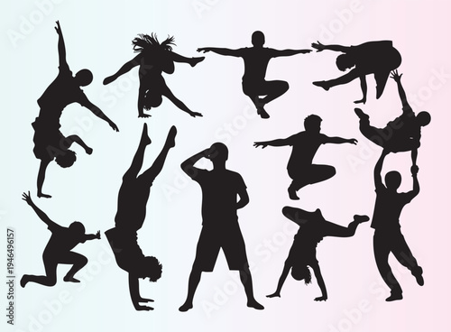 Dynamic silhouettes of people performing acrobatic dance moves isolated