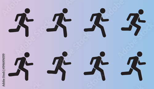 Eight stylized running figures in different poses and colors