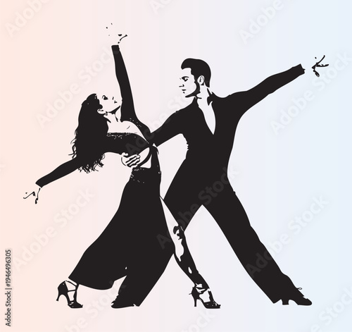 Elegant couple dancing in formal attire with dramatic poses
