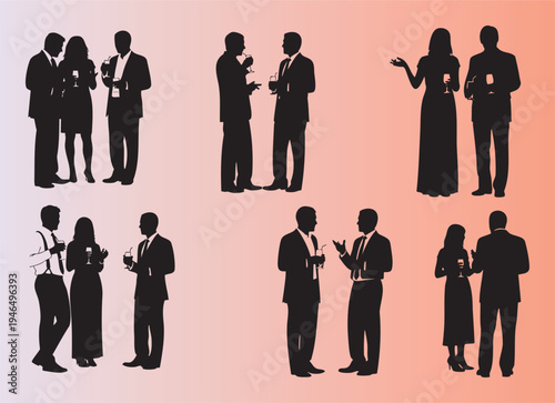 Elegant silhouettes of people socializing with drinks at formal events