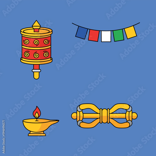 Tibetan Buddhism Symbols Vector Set