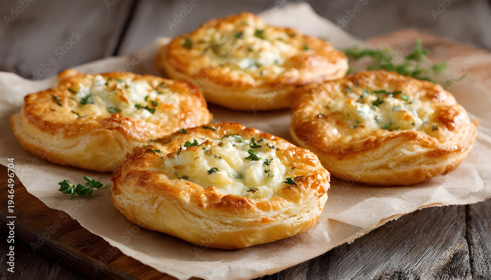 Obraz premium Freshly baked golden puff pastry tarts with cheese and herbs on parchment paper, showcasing delicious homemade savory bakery food.