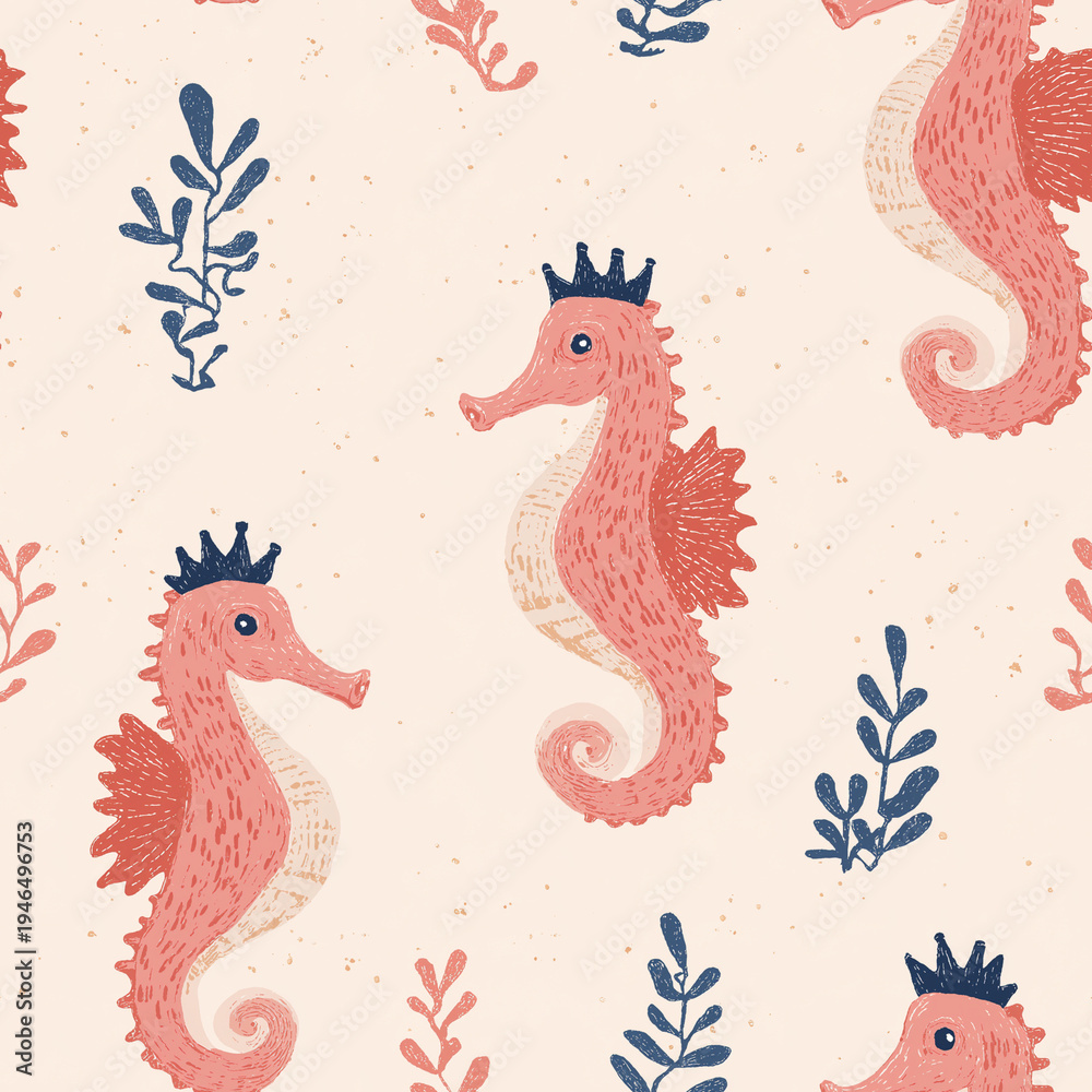 Fototapeta premium Seamless seahorse pattern with coral pink sea horses and delicate seaweed on a soft cream background, playful underwater repeating design in a cute hand drawn coastal style